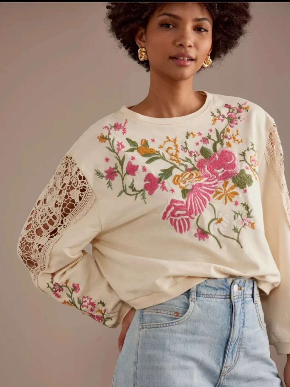 Anthropologie Sweatshirt with Floral Embroidery